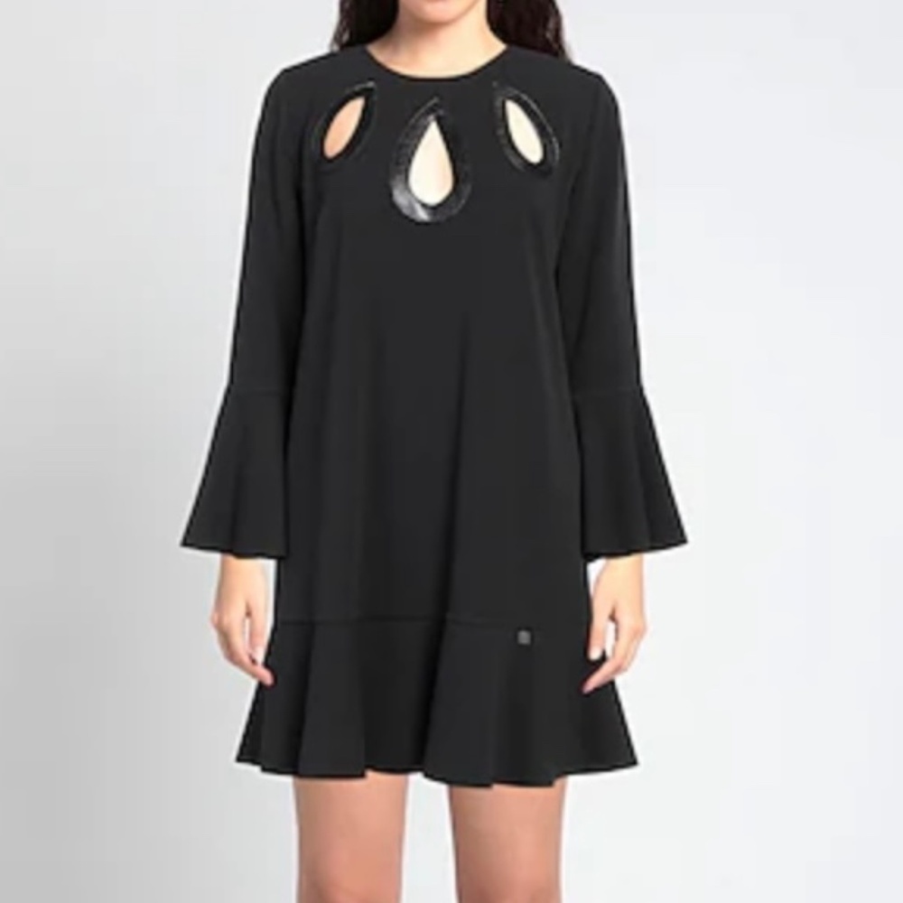 Gil Santucci Mini Dress Marci Cut out Ruffle Statement Tulip sleeve Black Sz M